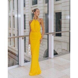 REBECCA VALLANCE Phoenix Chain-Embellished Jersey Gown in Marigold Size US 0